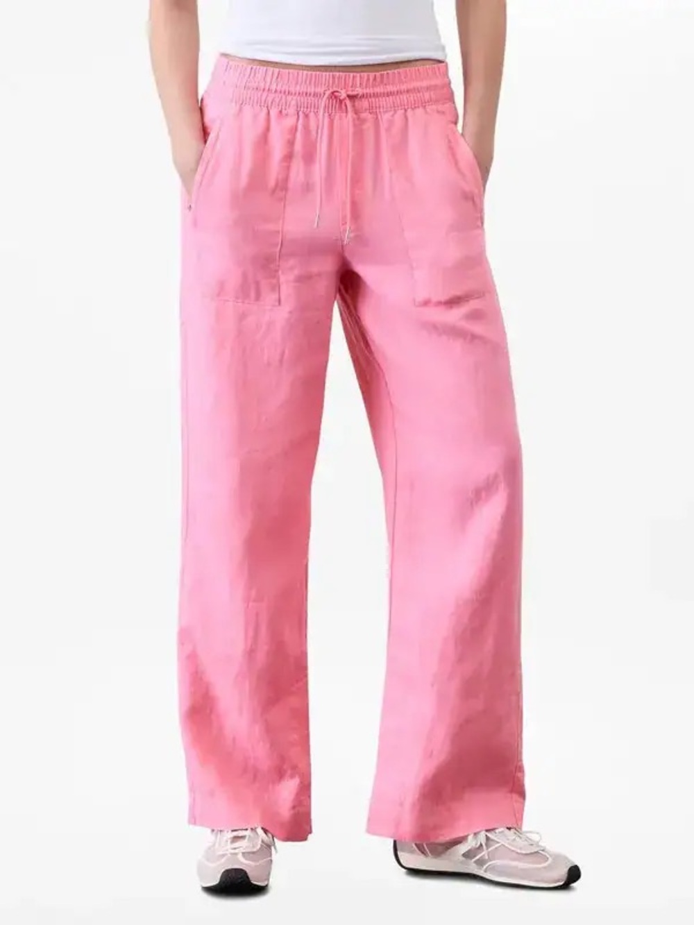 Athleta Retreat Linen High Rise Wide Leg Pants Pink Split Hem Stretch Waistband